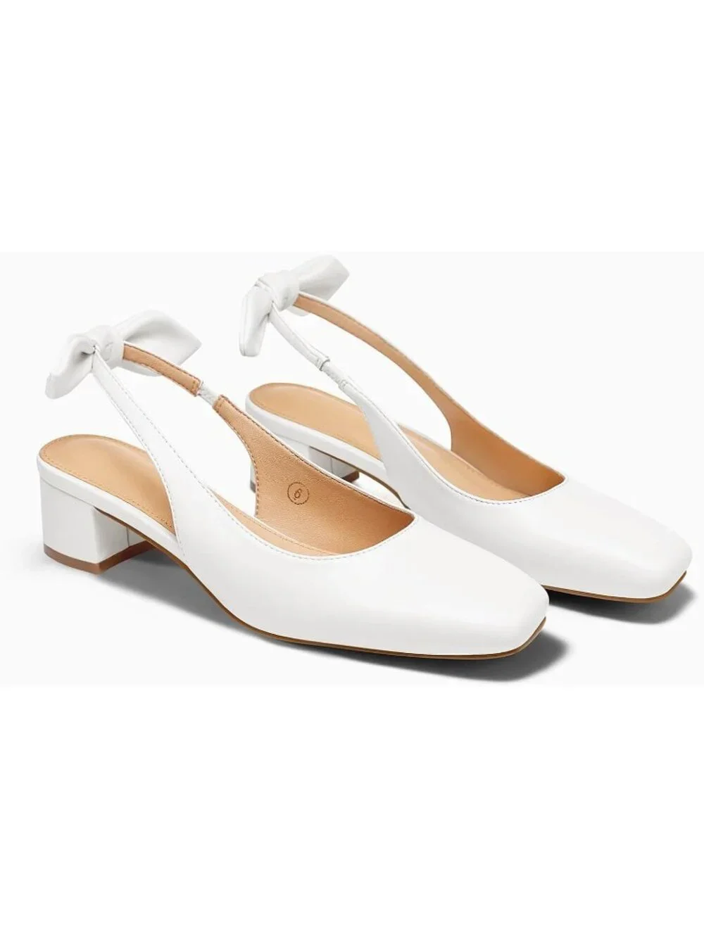Women's White Faux Leather Chunky Low Heels Bow Slingback Closed Square Toe Pump